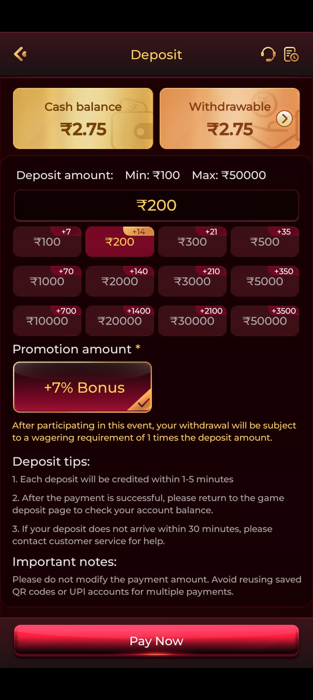 is7 Game Deposit screen showing quick deposit amounts and bonus percentages