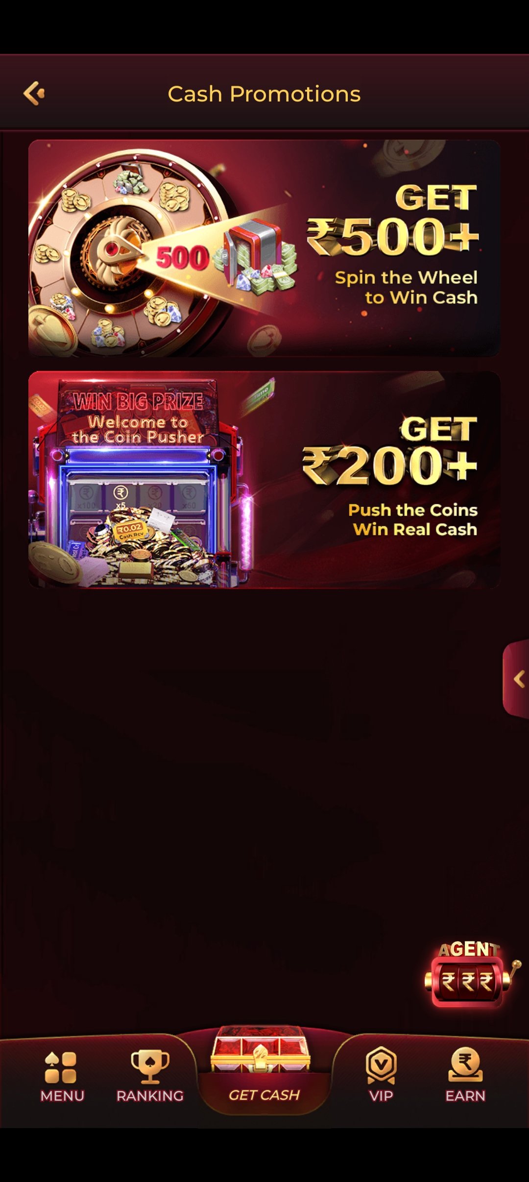 is7 Game Cash Promotions screen with spin the wheel and coin pusher offers