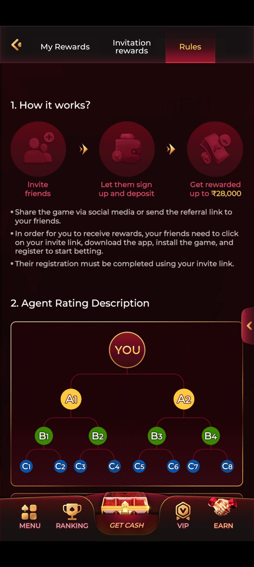 is7 Game referral program screen explaining how to invite friends and earn rewards