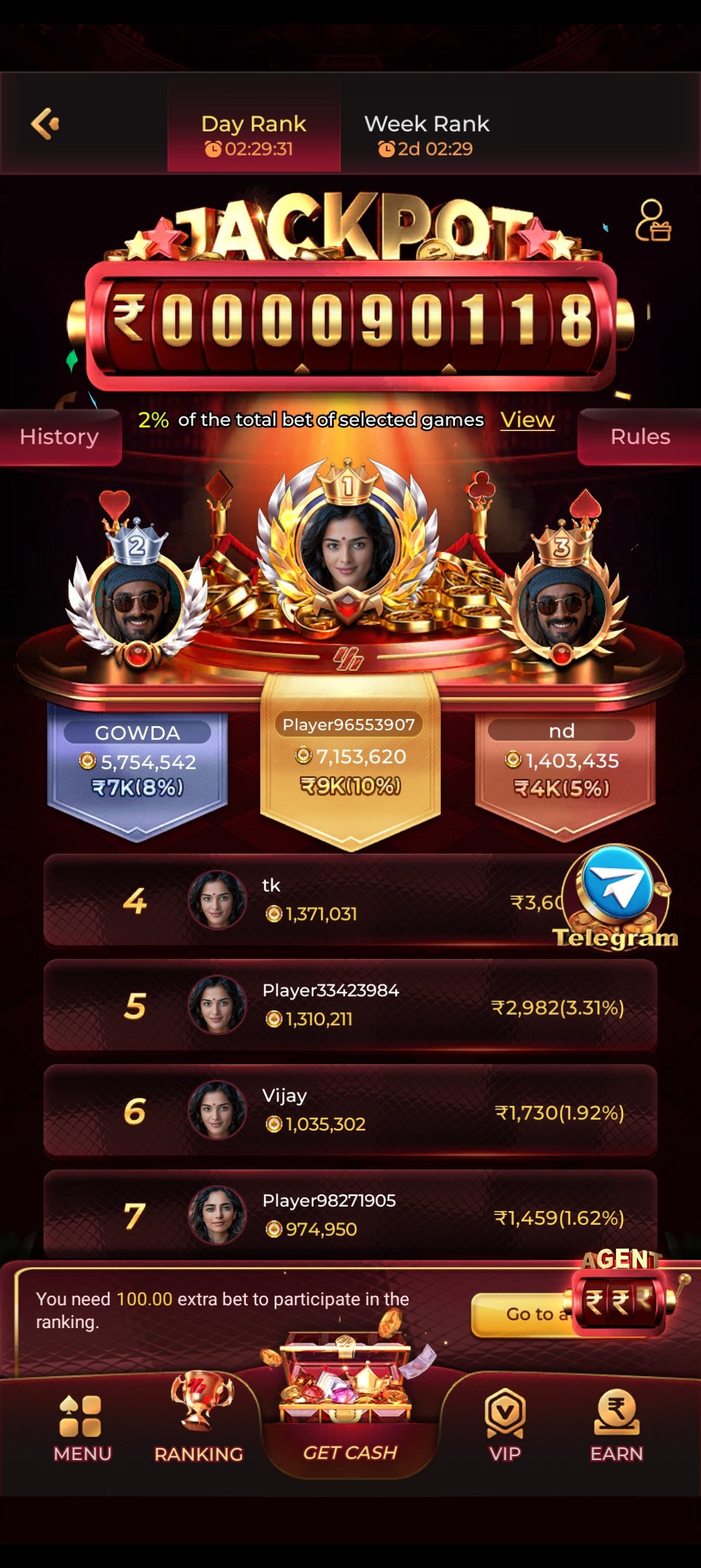 is7 Game live jackpot leaderboard ranking top players by day and week