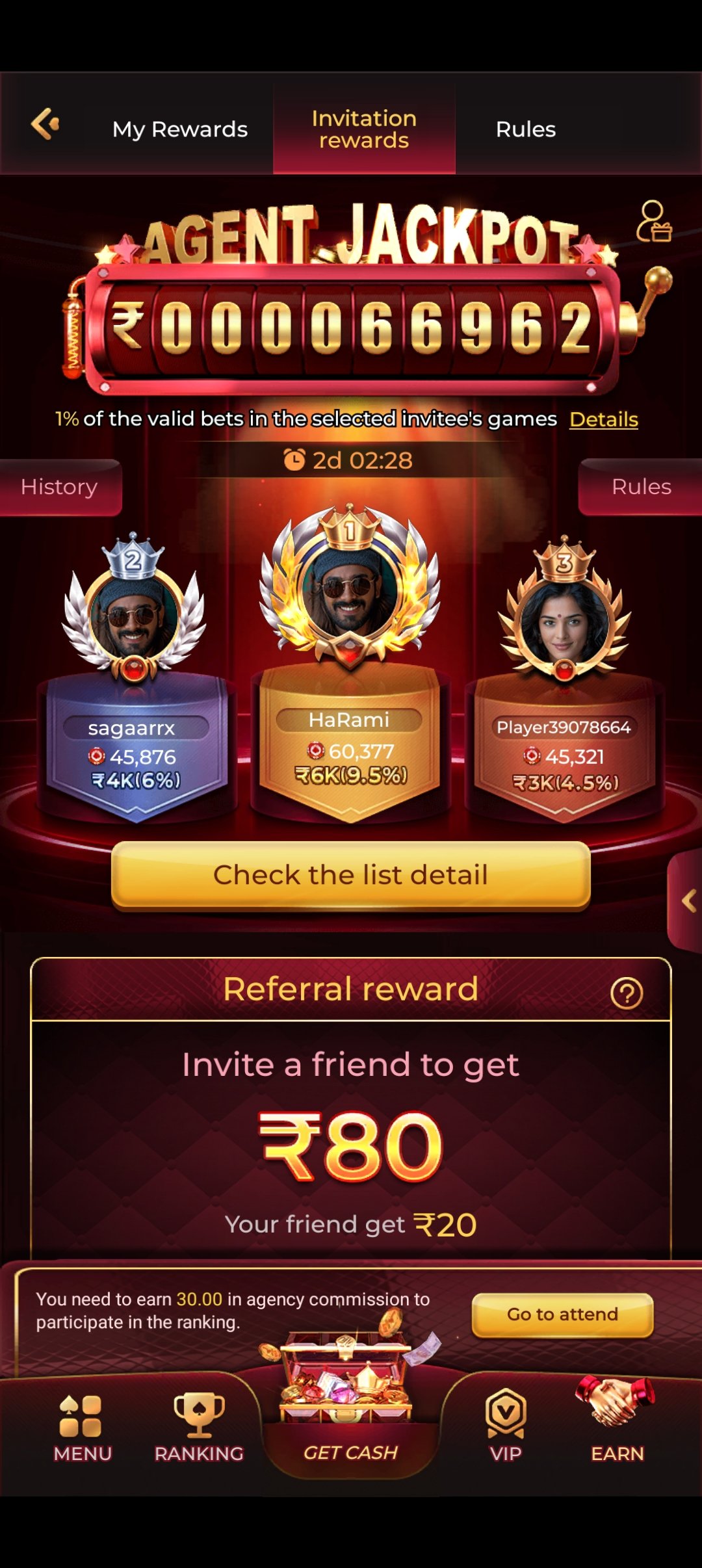 is7 Game Agent Jackpot screen with referral rewards for inviting friends